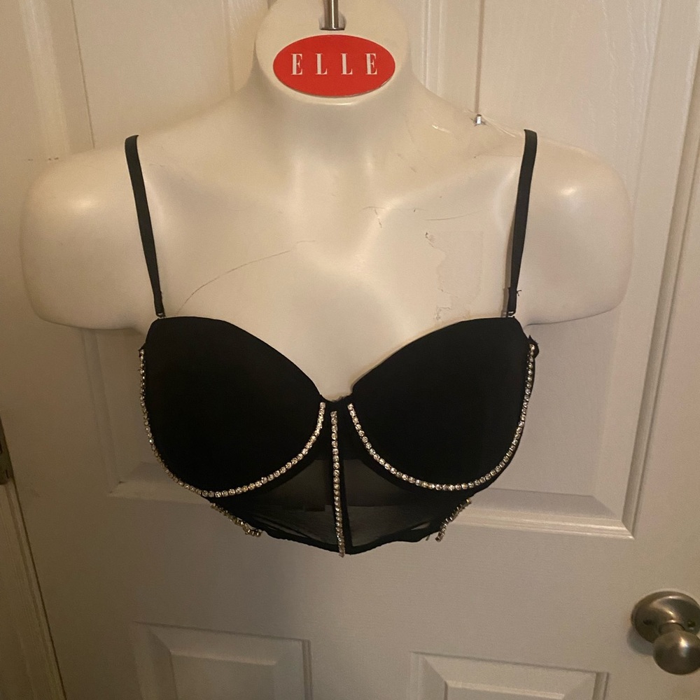 NEW NUE GARAGE Bustier Black & Bling Rhinestones  Bralette Small NWT lingerie